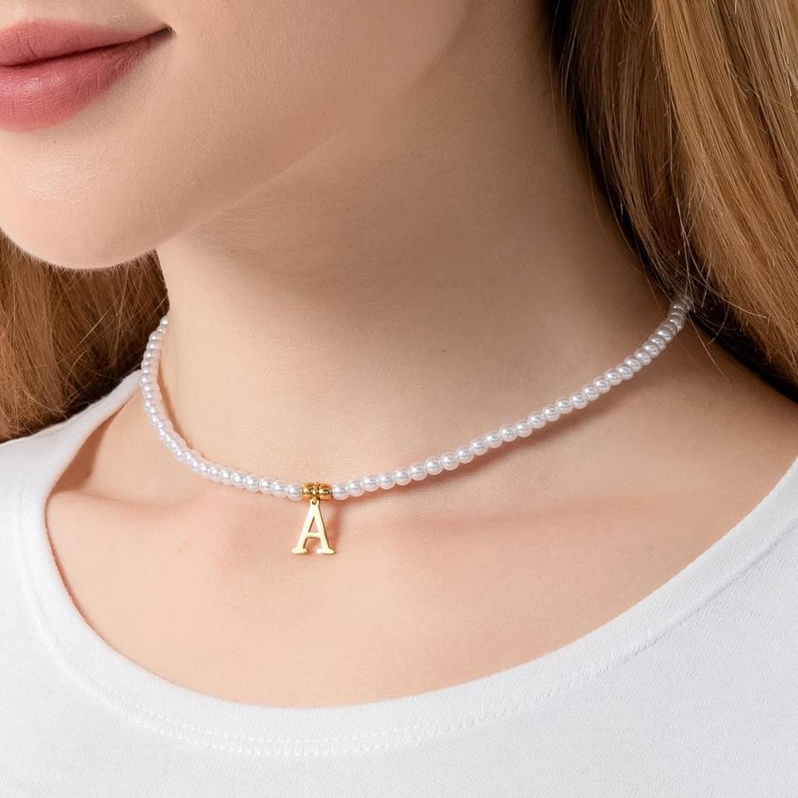 【並行輸入品】FRG パールイニシャルネックレス レディース 上品なゴールド イニシャルペンダント ラウンド人工パールネックレス 延長チェーン付き 意の画像