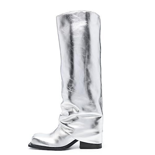 【並行輸入品】Arqa Women's Fold Over Knee High Boots Square Toe Chunky Heel Meの画像