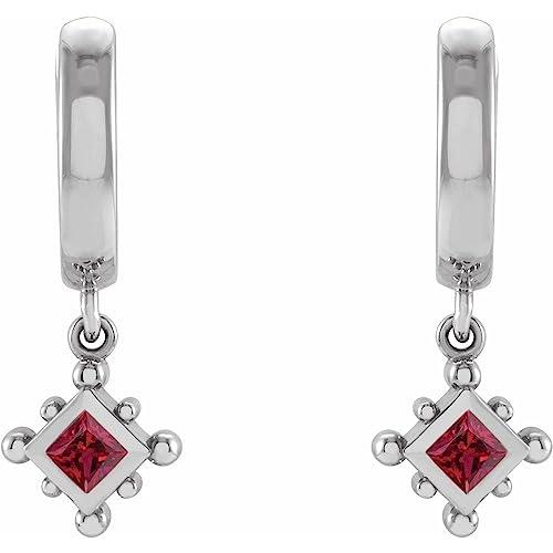 【並行輸入品】Sterling Silver Lab Grown Ruby Beaded Bezel Set Hoop Drop Dangleの画像