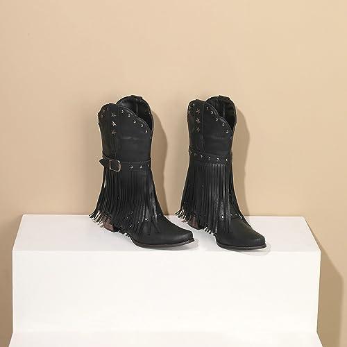 【並行輸入品】Alsoloveu Fringe Cowboy Boots for Women Vintage Western Cowgirlの画像