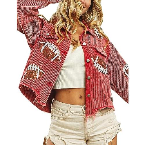 【並行輸入品】Silly Turtle Womens Game Day Corduroy Football Jacket Rugby Sequ_1