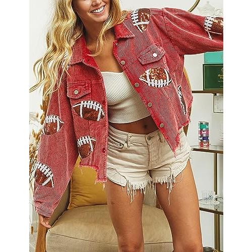 【並行輸入品】Silly Turtle Womens Game Day Corduroy Football Jacket Rugby Sequ_4