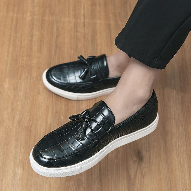 【並行輸入品】Men's Leather Tassel Loafers Dress Shoes Men's Leather Tassel Flat Sの画像