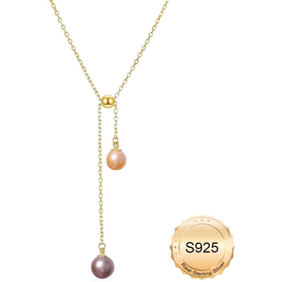S925 ラリアットネックレス 淡水養殖ダブルパールペンダントネックレス  