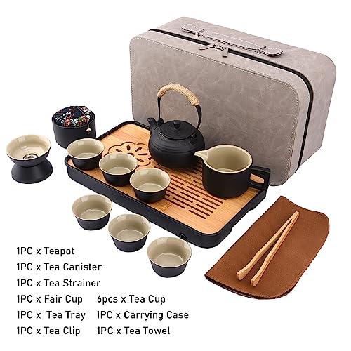 【並行輸入品】Teapot Set Grey Leather Case Asian Tea Set Ceramic Portable Tea_7
