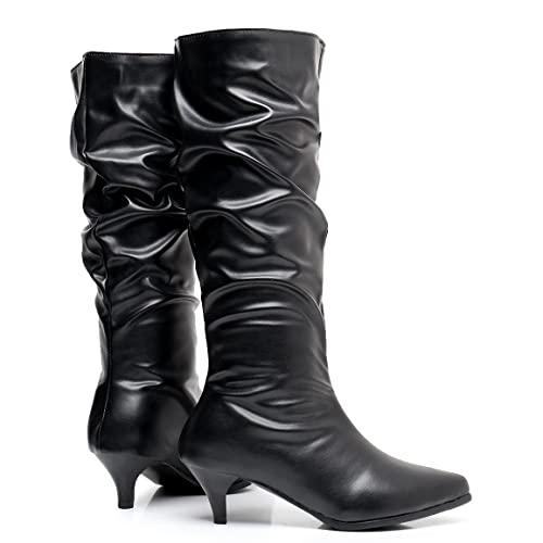 【並行輸入品】Elbslutt Women's Low Kitten Heels Mid Calf Slouch Boots Pointedの画像