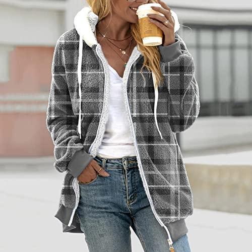 【並行輸入品】Womens Plaid Fuzzy Fleece Shirts Oversized Drewstring Sherpa Coaの画像