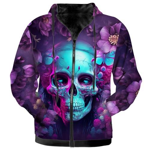 【並行輸入品】lodaden Women's Casual Zip Up Hoodies Purple Flower Skull Butterの画像