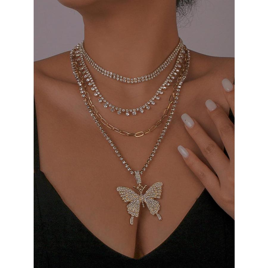 【並行輸入品】JAVARNV バタフライペンダントネックレス レイヤーバタフライネックレス ラインストーンペンダントネックレス キラキラチョーカーネッ_1