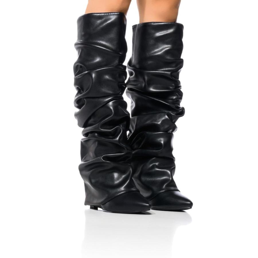 【並行輸入品】CORNMOOD Women's Fold Over Boots Wedge Heel Knee High Booties Faの画像