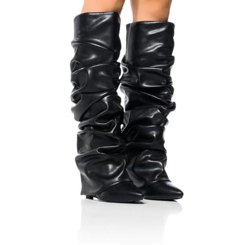 【並行輸入品】CORNMOOD Women's Fold Over Boots Wedge Heel Knee High Booties Faの画像