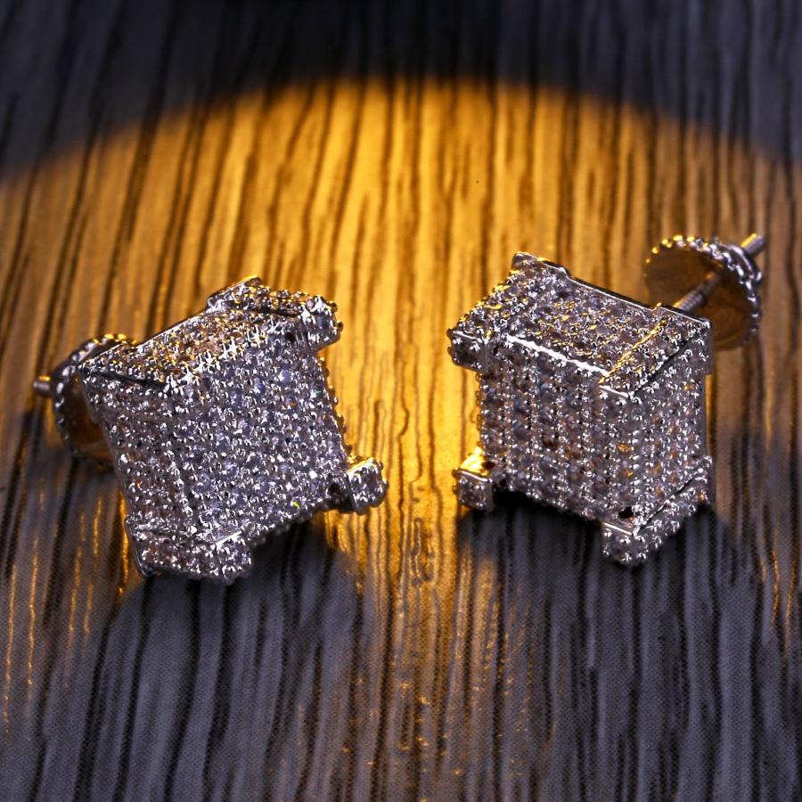 【並行輸入品】14K Gold Densely Set Moissanite Earrings， Hip Hop Style Square E_9