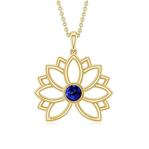 【並行輸入品】Certified Lab Created Blue Sapphire Lotus Floral Pendant Necklacの画像