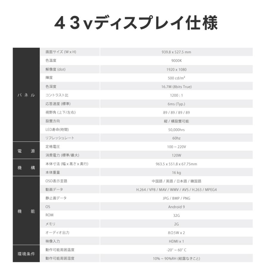 電子看板、サイズ　
140x58 デジタルサイネージ 43インチ 高色域 2K 垂直型スタンドセット 縦横