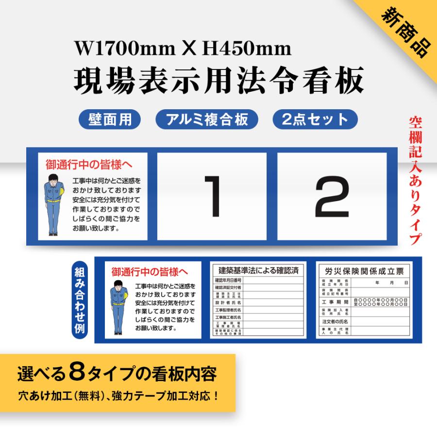 現場表示用法令看板 壁面用 W1700mm×H450mm 空欄記入ありタイプ 内容 