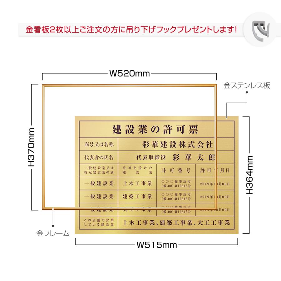 建設業の許可票 看板 横520mmcm×縦370mm 金運アップの金看板