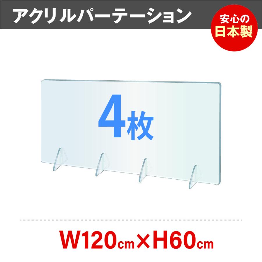 【あすつく】[4枚][日本製][強度バージョンアップ]飛沫防止 透明アクリルパーテーション W1200*H600mm デスク用仕切り板 コロナウイルス jap-r12060-4set