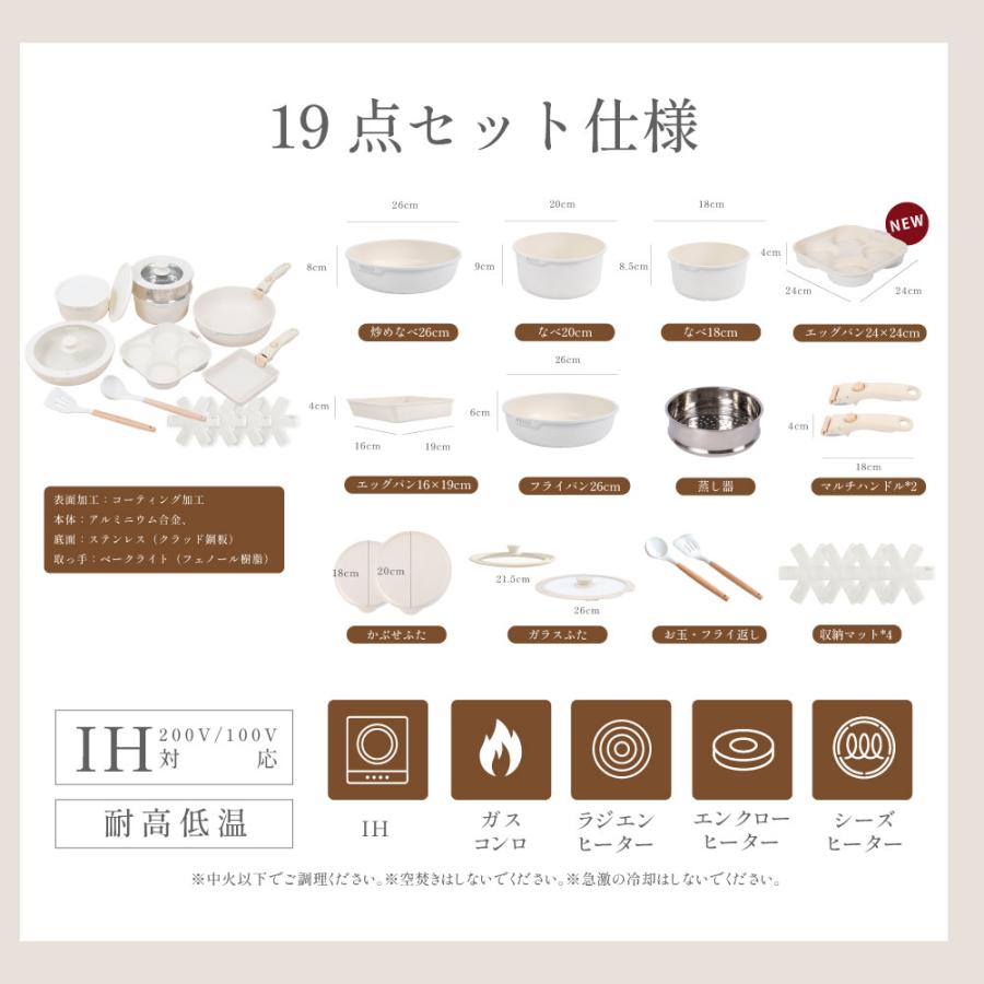 フライパンセット 19点 IH〜ガス火対応 取っ手が取れる 4in1 4つ穴円形
