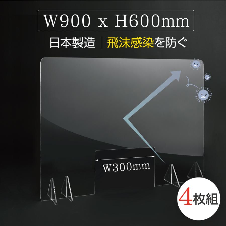 あすつく 4枚セット 日本製 高透明アクリルパーテーション アクリル板 キャスト板W900*H500mm 窓付き 飛沫防止 コロナウイルス対策 受付 tap-r9060m-4set