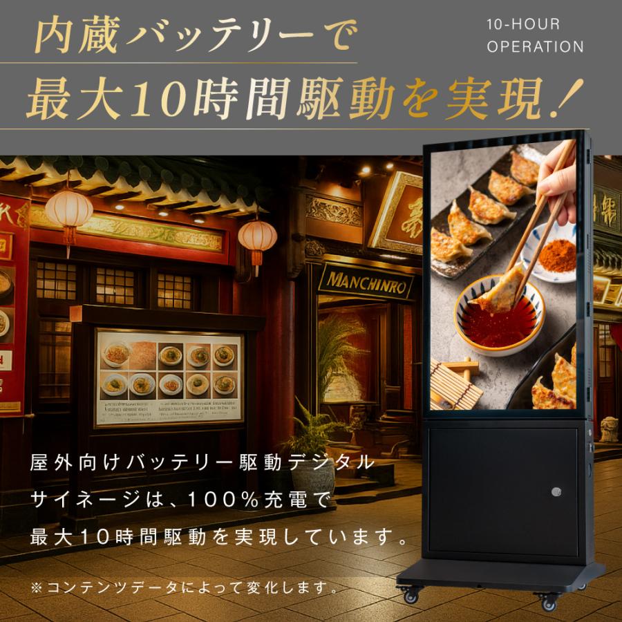 バッテリー駆動デジタルサイネージ 屋外 防水 32V 43V 両面 自立型