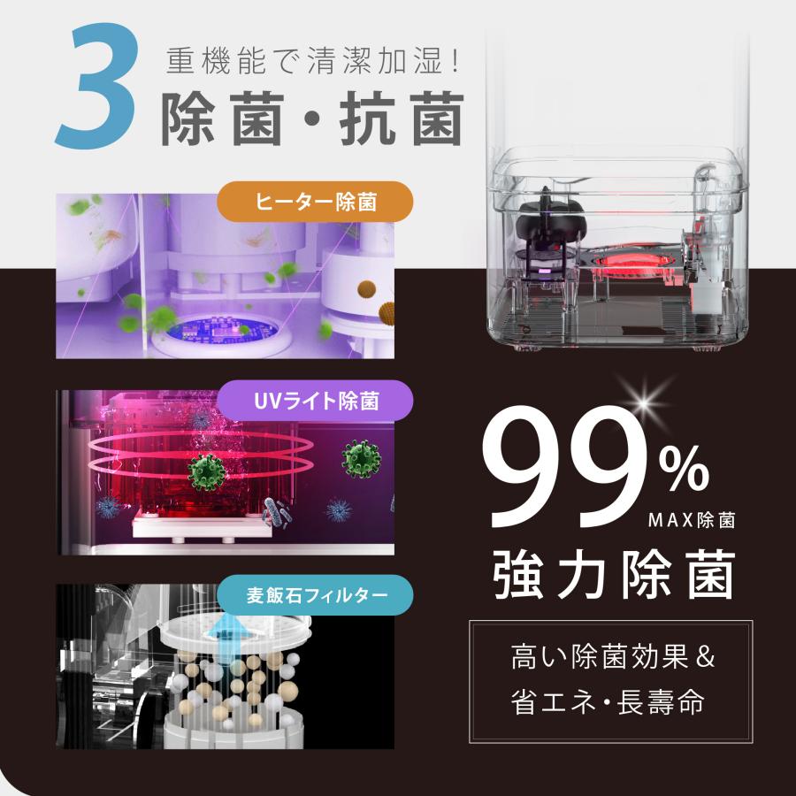 加湿器 6L 3重空気浄化（UV除菌ライト&銀イオン加工フィルター&加熱除菌） 加湿器 超音波加熱式 タイマー 35畳対応 6L大容量 3重除菌 UVライト除