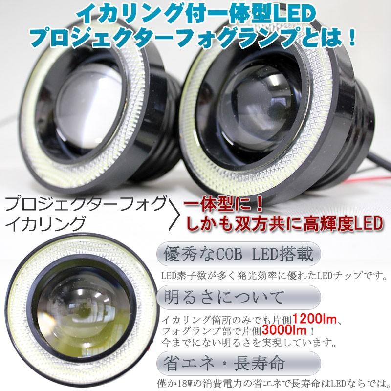 一体型LED 白イカリング付きプロジェクターフォグランプ 3000lm(左右で 