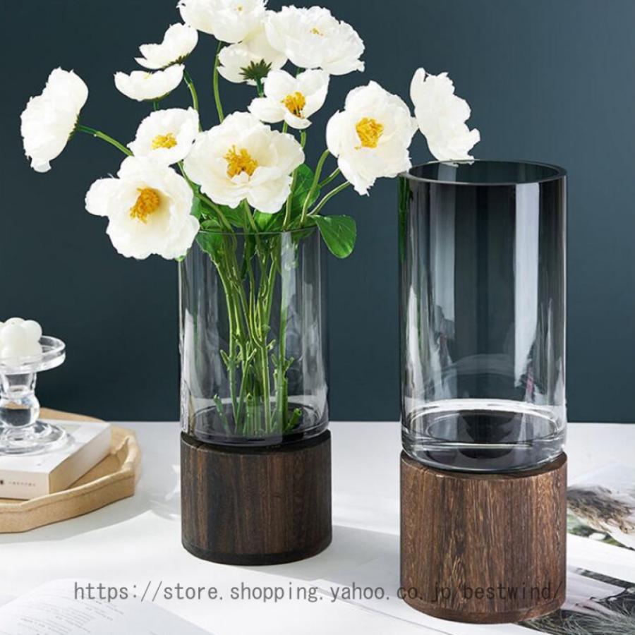花瓶 フラワーベース 花器 シリンダー ガラス クリア 木製 ユニーク 大型 セパレート グレー 高さ25cm ウッド 大きい 花 フラワー  フラワーグラス
