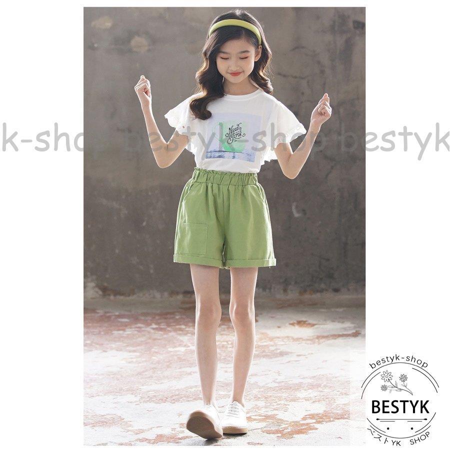 韓国子供服 ２点セット Tシャツ 半ズボン 夏 半袖 ショートパンツ セットアップ コットン プリント 女の子 キッズ こども カジュアル 可愛い きれいめ 入学式 熱い販売