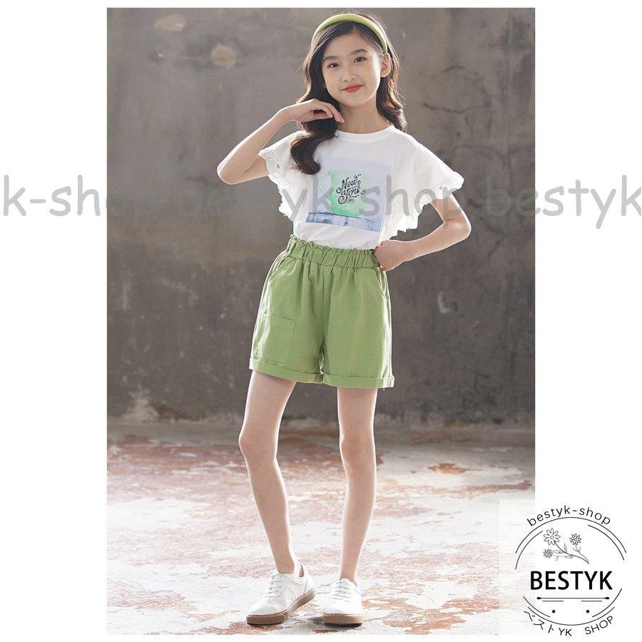 韓国子供服 ２点セット Tシャツ 半ズボン 夏 半袖 ショートパンツ セットアップ コットン プリント 女の子 キッズ こども カジュアル 可愛い きれいめ 入学式 熱い販売