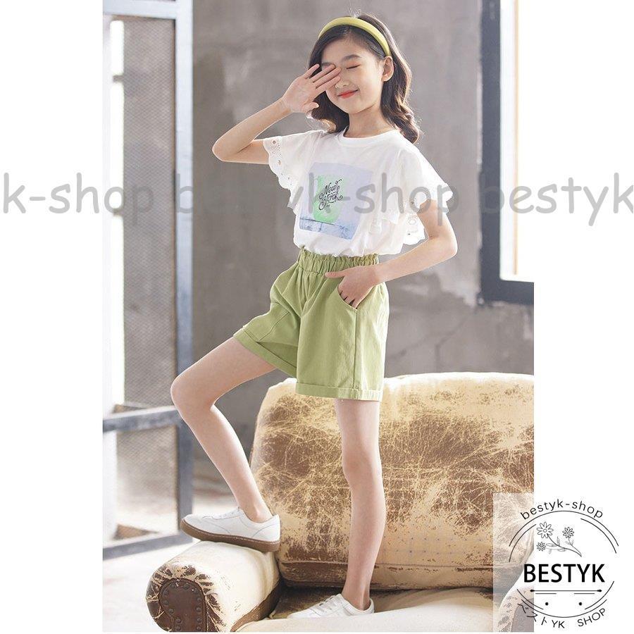 韓国子供服 ２点セット Tシャツ 半ズボン 夏 半袖 ショートパンツ セットアップ コットン プリント 女の子 キッズ こども カジュアル 可愛い きれいめ 入学式 熱い販売