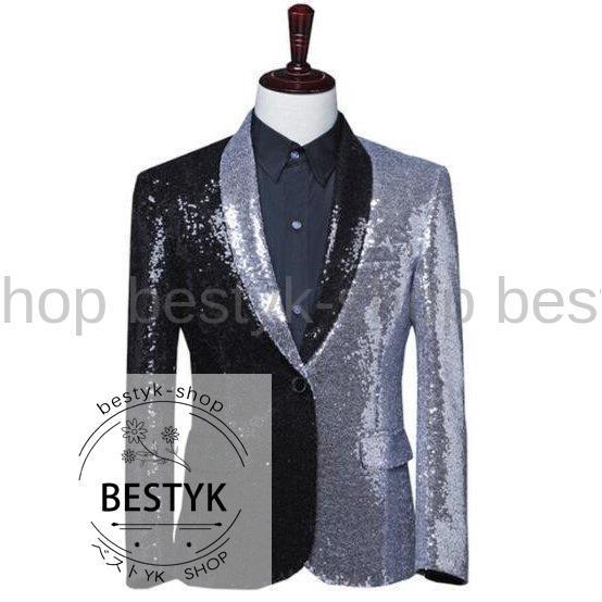 メンズスパンコールジャケットスパンコールスーツ黒銀切替配色個性溢れるタキシード結婚式パーティーイベント年会 舞台ステージ服ダンスウエア 信用
