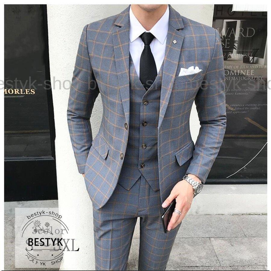 メンズスーツ タキシードスーツ 3点セットスーツ 1つボタンスーツ フォーマルスーツ 結婚式 二次会 成人式 卒業式 就職活 ビジネススーツ 披露宴 チェック柄 今日の超目玉