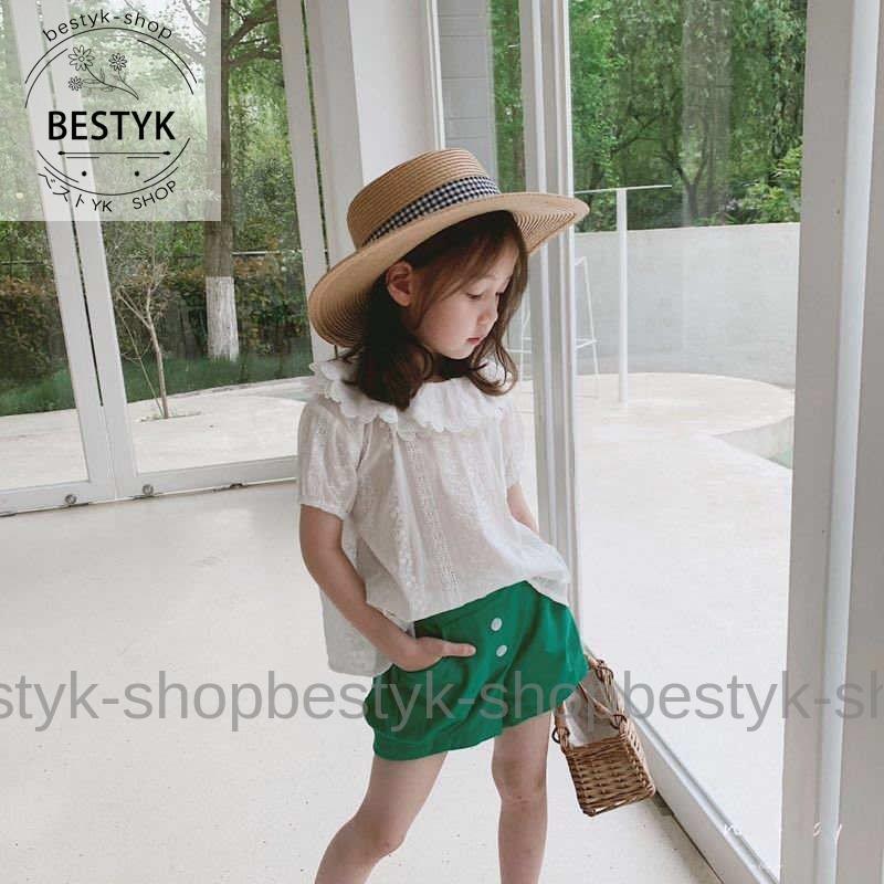 在庫限り キッズ ブラウス フリル 半袖 総レース ショートスリーブ スカラップ 女の子 可愛い キュート 子供サイズ 小人 ガールズ ジュニア 韓国子供服 カジュアル ホワイ Commerces Boutique