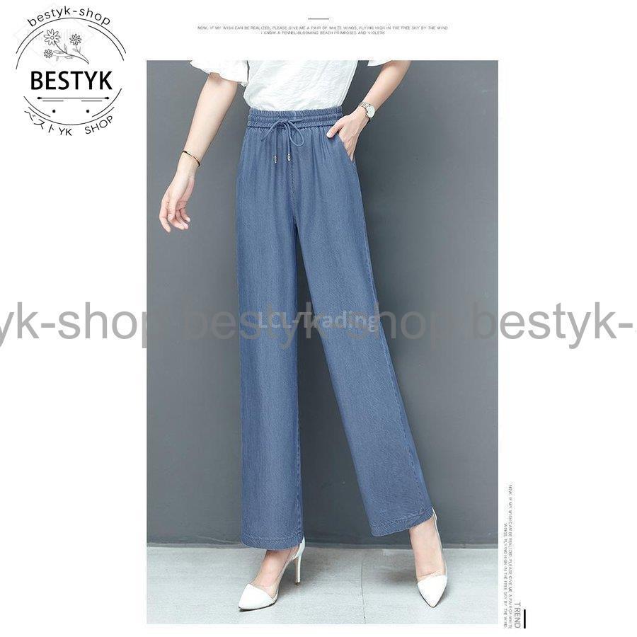デニム 夏 ワイドパンツ レディース ボトムス リボン付き ウエストゴム 