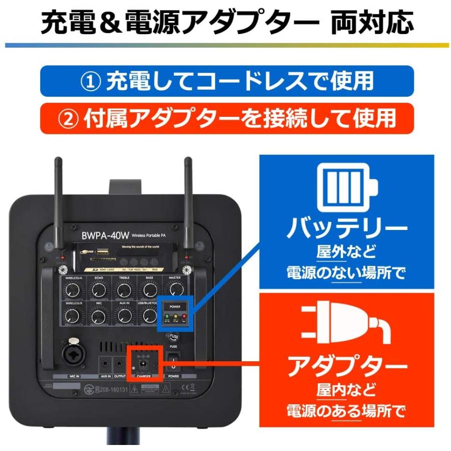 BWPA-40W (ワイヤレスマイク2本/スピーカースタンド/キャリングケース付属)/ワイヤレスポータブルPAセット 40W チャンネル切替対応モデル/ BELCAT｜beta-music｜04