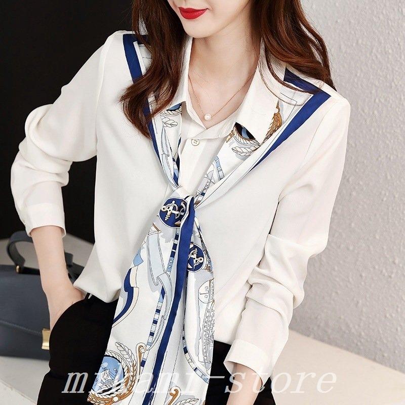 シャツブラウス秋物レディース春夏長袖トップスオシャレホワイトスカーフ上品オフィス通勤ゆったり大人olゆったり30代40代50代 有名ブランド