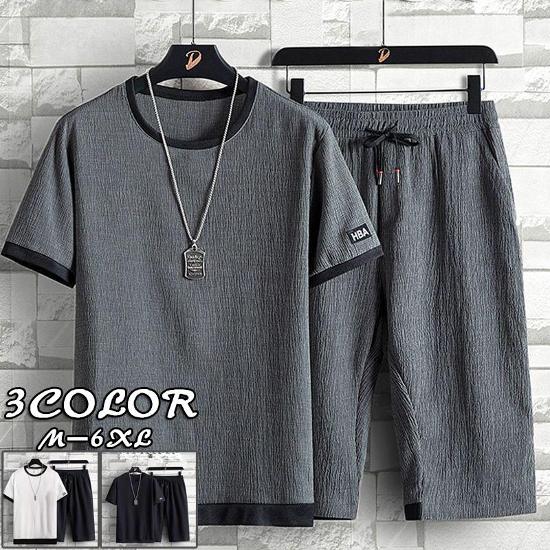 綿麻上下セット セットアップ リネン 夏 半袖 薄手 ショーツ メンズ ワイド ルームウェア 部屋着 ブランド品専門の