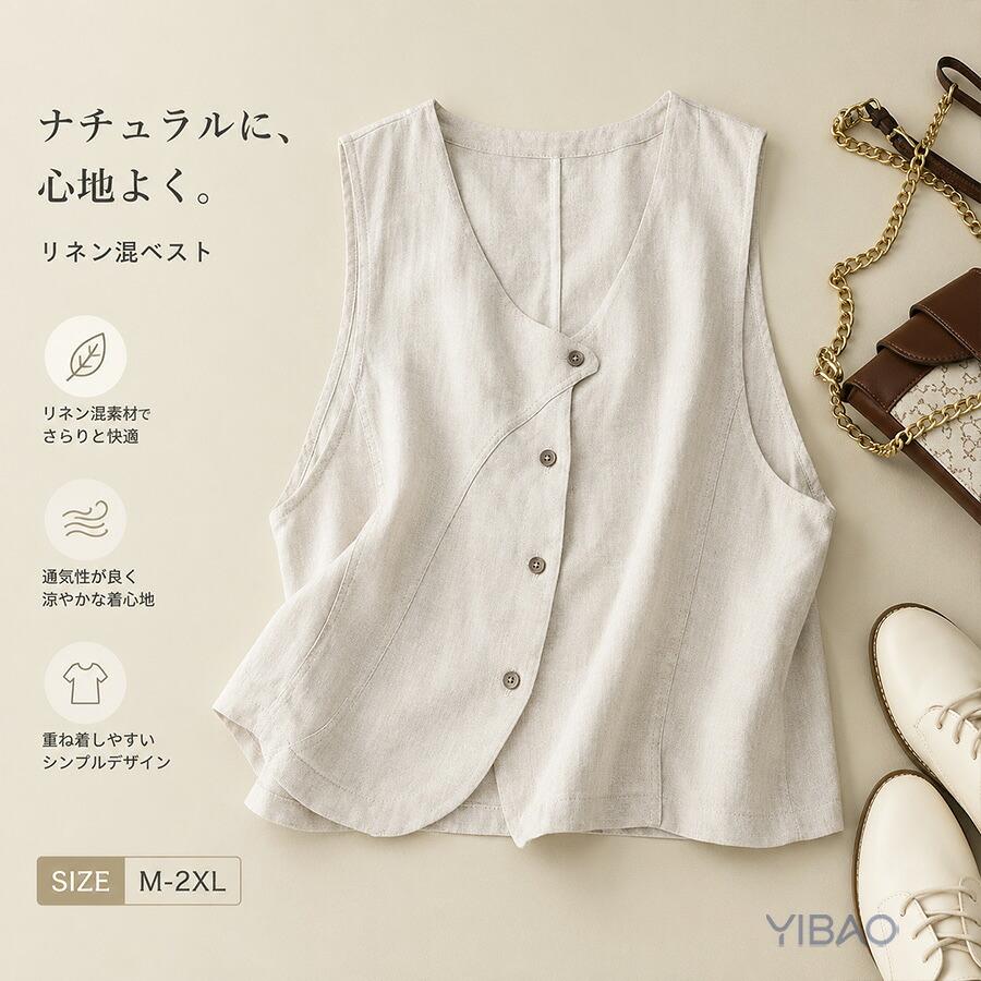 FASHFREN 麻ベスト 前開き ジレ ブラック ジレ レディース ベスト 前開き 綿麻調 ジレベスト コットンリネン