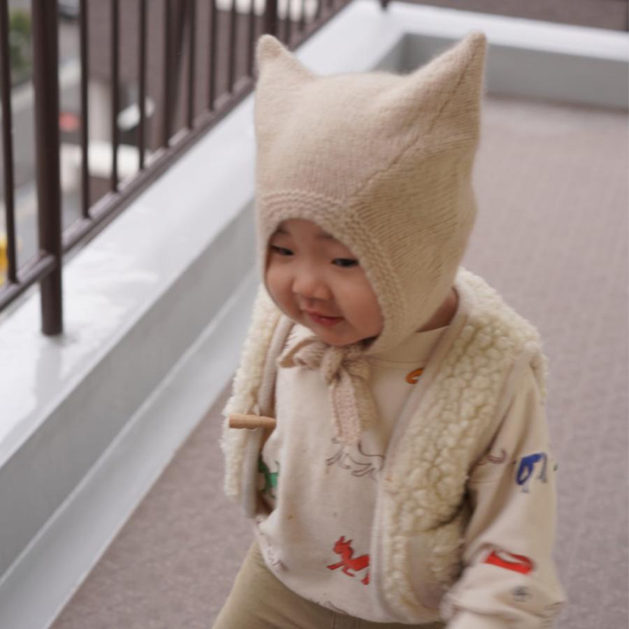 カシミヤニット帽  ベビー キッズ 帽子 ガーター帽子 ボンネット カシミヤ100% 猫耳  耳当てつき 紐つき サステナブル 出産祝い【国内正規品】BETTERDAYSの画像