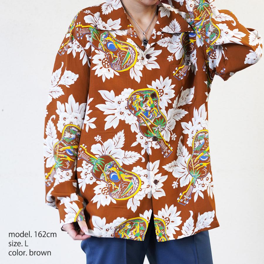 SUN SURF 美品 NIGHT アロハ シャツ M ブラウン オープンカラー SUN SURF アロハシャツ メンズ サンサーフ 長袖 RAYON HAWAIIAN SHIRT
