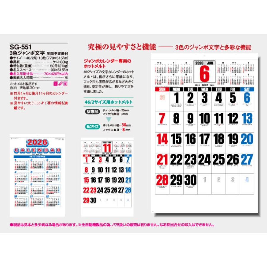 壁掛けカレンダー 2026年 3色ジャンボ文字 年間予定表付 文字月表