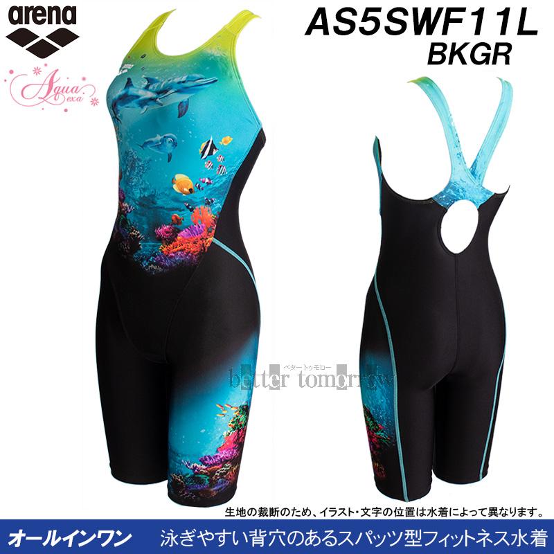 アリーナ フィットネス水着 レディース Mサイズ AS5SWF11L ブラック×グリーン BKGR アクアエクサ オールインワン水着 イルカ /期間限定!!11月30日まで30%OFF | アリーナ | 01