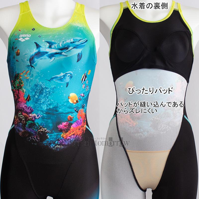 アリーナ フィットネス水着 レディース Mサイズ AS5SWF11L ブラック×グリーン BKGR アクアエクサ オールインワン水着 イルカ /期間限定!!11月30日まで30%OFF | アリーナ | 02