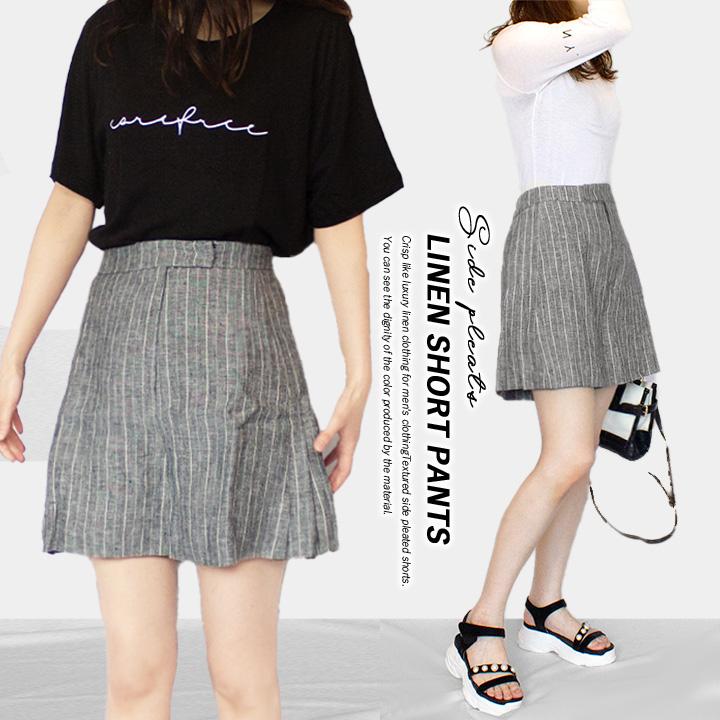 ショートパンツ レディース リネン ストライプ 麻 韓国ファッション サイドプリーツ ハイウエスト 春夏 きれいめ かわいい グレー ウエストゴム キュロット K Bottoms 024 コスメ ビューティー 美way 通販 Yahoo ショッピング