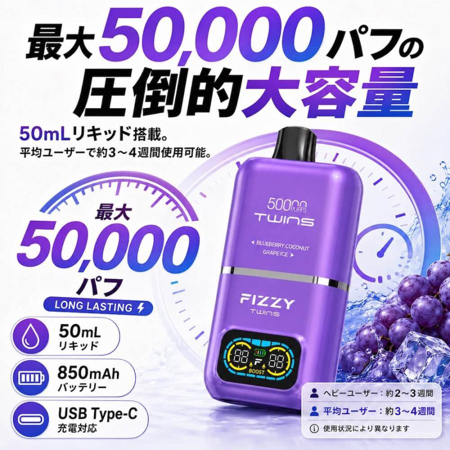 Fizzy Twins 50000パフ 電子タバコ 使い捨て シーシャ VAPE リキッド