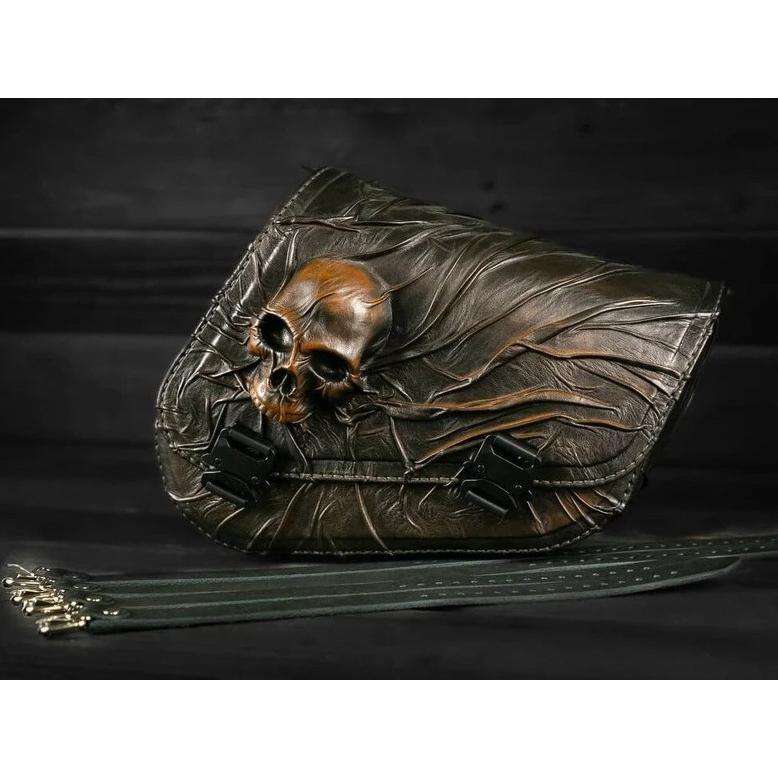 ブラウン レザー サドルバッグ 右側 スカル ハーレーダビッドソン