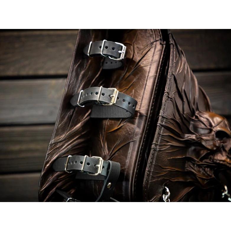 ブラウン レザー サドルバッグ 左側 スカル ハーレーダビッドソン