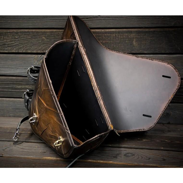 ブラウン レザー サドルバッグ 左側 スカル ハーレーダビッドソン