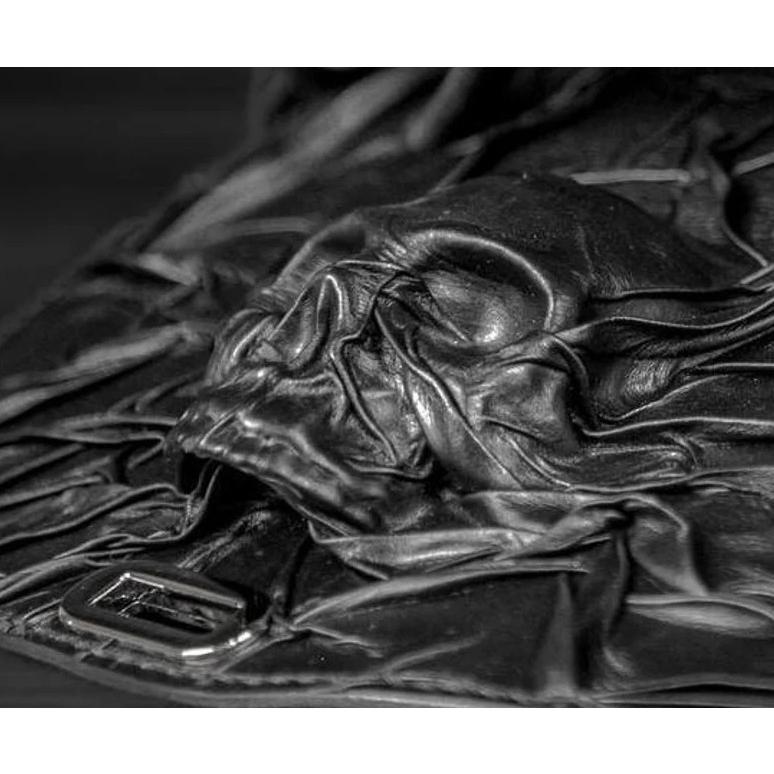 ブラック レザー スカル ハンドバッグ ハンドメイド : B&E ブラック レザー スカル ハンドバッグ ハンドメイド : B&E