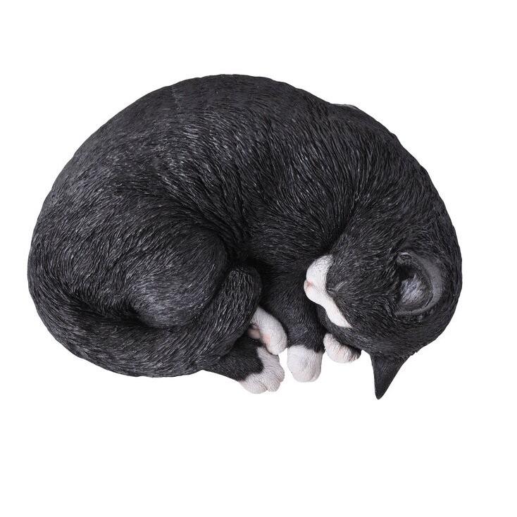 ポリレジン製 ガーデン彫像 横になって眠っている黒白の猫の像 置物 ガーデニング 庭_1